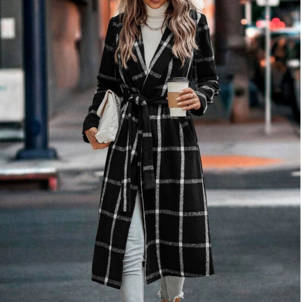 black and white plaid print belted trench coat fall winter chic classy - Picture 4 of 4